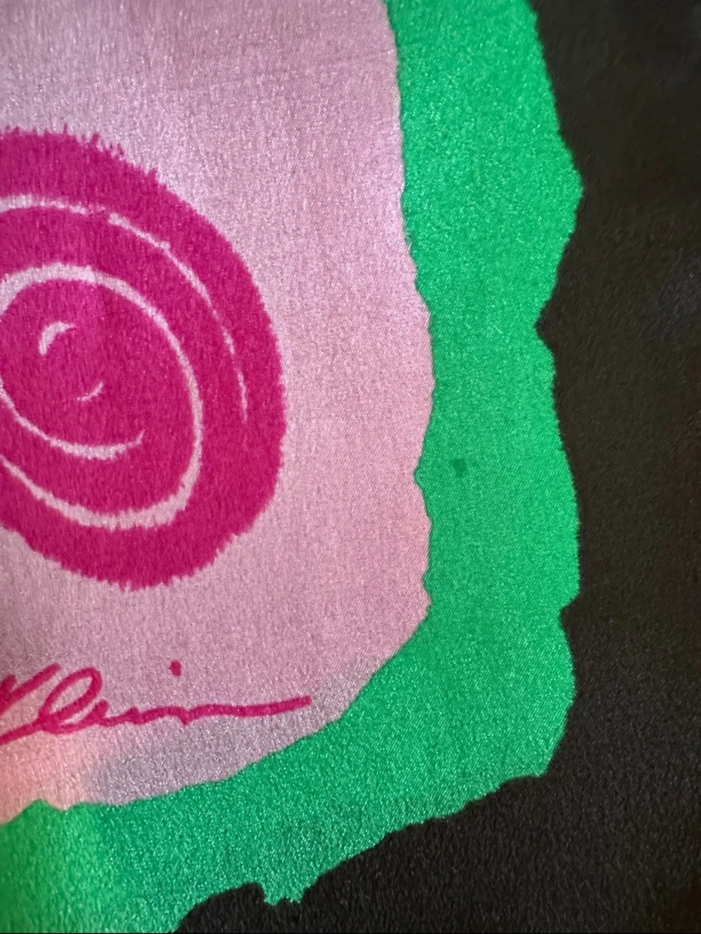 Vintage 80s Anne Klein Purple, Pink, Green & Black Swirl Pattern‎ Silk Scarf